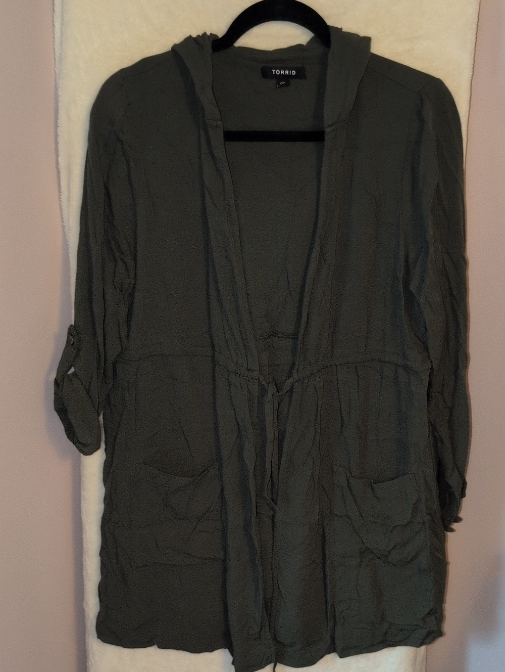 Torrid Olive Hooded Open Front Kimono with Pockets And Drawstring